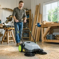 Outsunny ehrmaschine manuell mit 68 cm Kehrbreite, 24 L Schmutzbehälter, Höhenverstellbar klappbar Griff 3-Bürsten-Kehrsystem(m-9)