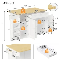 Isola per cucina mobile con piano di lavoro ribaltabile e alungabile per pranzo, 120x70x92 cm, Bianco(m-3)