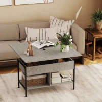 HOMCOM Mesa de centro elevável e extensível, mesa de sala com compartimento escondido prateleiras abertas, 98x49x55cm, cinza(m-6)