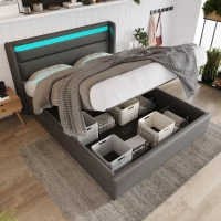 Cama con canapé hidráulico, gran espacio de almacenamiento bajo-cama con pistón elevador, tapizado PU-piel sintética, 202x166x107,5 cm, Gris(m-5)