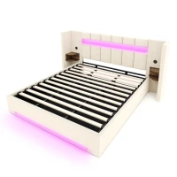 Struttura letto in velluto con striscia LED e comodini integrati, 245x212x103 cm, Beige(m-2)