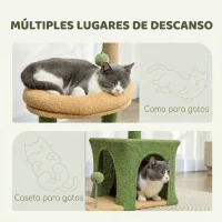 PawHut Árbol Rascador para Gatos 98 cm con Hojas Artificiales Cueva Cama Postes Rascadores 2 Bolas Cubierto Terciopelo Verde(m-5)