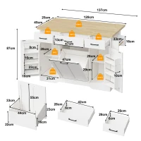 Ilha de cozinha móvel com tampo rebatível, rodízios com travão 360°, para 2–4 pessoas, 120x70x87 cm, Branco(m-3)