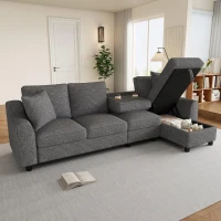 Divano angolare moderno in ciniglia con cuscini, schienale reclinabile e portabicchieri, 280x136x82 cm, Grigio(m-5)