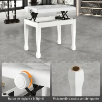 HOMCOM Banchetă de pian, banchetă pentru claviatură cu înălțime reglabilă din lemn masiv, șezut căptușit, 64 x 35 x 45-55 cm, alb(m-6)