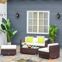 Outsunny 5pcs Rattan L-Shaped Corner Couch Sofas with Coffee Table Adjustable Feet Water-resistant Polyester Cloth Brown(m-2)