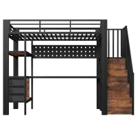 Cama alta 90×200 cm, prateleiras, escada com arrumação, sem colchão, 251x96x170 cm, Preto(m-1)