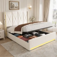 Cama de terciopelo con cabecero acolchado y capitoné, prácticos bolsillos laterales, para colchón 160L x 200AN cm, 170x213x141 cm, Beige(m-4)