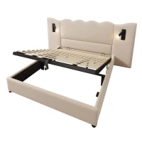 Cama estofada Cama de casal 180x200 cm com candeeiro de leitura giratório, revestida a linho, cabeceira ondulada, sem colchão, 215x252x111 cm, Bege(m-7)