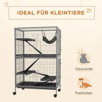 PawHut Kleine huisdierkooi met hangmat, knaagdierkooi met wielen, 4-verdiepingen kooi, Metaal, Kunststof, 80 x 52 x 128 cm, Grijs(m-4)