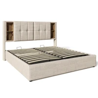 Cama estofada com arrumação, cabeceira com prateleiras, para colchão 180x200 cm, 206x185x100,5 cm, Cor natural(m-1)