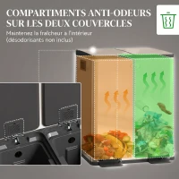 HOMCOM Poubelle de cuisine 2 compartiments de 2 x 20L, acier inoxydable, couvercle à fermeture douce, 45,8x36x51,6cm, or(m-5)