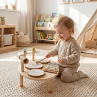 AIYAPLAY Jeux de Tambours pour Bébé, Tambour bébé avec Xylophone pour Tout-Petits, Instruments de Musique en Bois, Naturel(m-2)