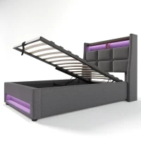 Letto contenitore imbottito con leva a gas e rete a doghe in metallo, rivestimento effetto lino, 210x95x117 cm, Grigio(m-7)