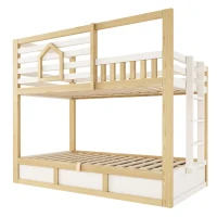 Cama beliche infantil estilo cabana, 2 lugares de dormir de 90×200 cm cada, sem colchão, 210x102x184 cm, Cor natural(m-7)