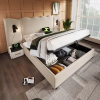 Cama estofada Cama de casal 180x200 cm com candeeiro de leitura giratório, revestida a linho, cabeceira ondulada, sem colchão, 215x252x111 cm, Bege(m-5)