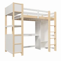 Cama alta 90x200 cm, grade de segurança para crianças a partir dos 6 anos, sem colchão, 232,5x100x189,5 cm, Cor natural(m-7)