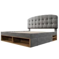 Cama de casal 140x200 estofada com estrado de ripas, cabeceira curva regulável em 3 alturas, sem colchão, 207x151x120 cm, Cinzento(m-6)