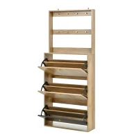 Móvel para sapatos moderno com ganchos, divisórias ajustáveis em altura, construção anti-tombamento, 75x24x180 cm, Cor natural(m-6)