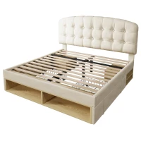 Cama de casal 140x200 estofada com estrado de ripas, cabeceira curva regulável em 3 alturas, sem colchão, 207x151x120 cm, Bege(m-7)