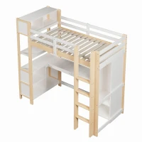 Lit mezzanine 90x200 cm, garde-corps de sécurité pour enfants dès 6 ans, sans matelas, 232,5x100x189,5 cm, Couleur naturelle(m-9)