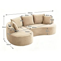 Bogesofa imbottito con portabicchieri su entrambi i lati, cuscini e tasca laterale, 250x152x82 cm, Kaki(m-3)