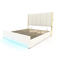 Cama de terciopelo con cabecero acolchado y capitoné, prácticos bolsillos laterales, apta para colchón 180x200 cm, 190x213x141 cm, Beige(m-1)