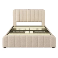 Cama doble tapizada, tiras decorativas doradas, tapizado en lino, sin colchón, 203x148x102 cm, Beige(m-7)