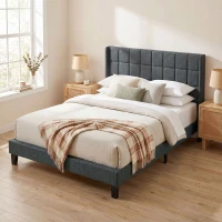 HOMCOM Cama 135x190 cm con Almacenaje Inferior Tapizada y Cabecero Acolchado con Orejas Gris(m-9)