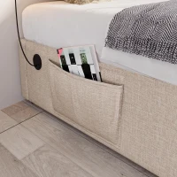 Cama estofada Cama de casal 160×200 cm, Cama com arrumação e pistões hidráulicos silenciosos, sem cabeceira, 202x161x29 cm, Bege+Cor natural(m-8)