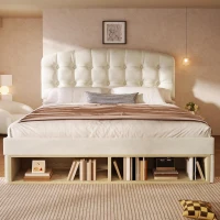 Cama estofada cama de casal 140x190 cm, ajustável em 3 alturas, cabeceira curva, sem colchão, 197x151x120 cm, Bege(m-4)