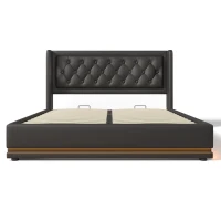Cama estofada cama de casal 180x200 cm com arrumação hidráulica, estrutura de aço estável, revestimento em PU fácil de limpar, sem colchão, 210x190x101 cm, Preto(m-1)