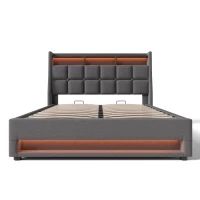 Letto imbottito 140x200 cm con materasso, leva a gas con vano contenitore, rete a doghe in metallo e testiera imbottita effetto lino, 210x145x117 cm, Grigio(m-2)