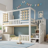 Cama de beliche estilo cabana, escada com armário e arrumação, 2 áreas de dormir de 90X200 cm cada, 254x95x170 cm, Branco(m-2)