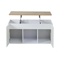 Mesa de centro elevável para sala de estar, duas portas de armário e cantos grandes e arredondados, 46x95x45 cm, Branco(m-6)