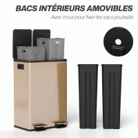 HOMCOM Poubelle de cuisine 2 compartiments de 2 x 28L, acier inoxydable, couvercle à fermeture douce, 45,8x36x67,6cm, or(m-7)