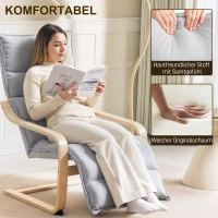 HOMCOM Loungefauteuil van berkenhout, gestoffeerde stoel met verstelbare voetensteun, moderne armleunstoel, lichtgrijs(m-4)