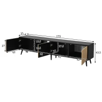 Meuble TV bas LED, convient pour 75 pouces, grand espace de rangement, 175x31x43,5 cm, Couleur naturelle+Noir(m-3)