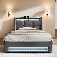 Cama estofada 90x200 cm, espaço de arrumação com pistão a gás e estrado robusto de ripas metálicas, revestimento em linho, 210x95x117 cm, Cinzento(m-5)