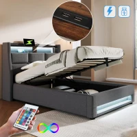Cama estofada 90x200 cm, espaço de arrumação com pistão a gás e estrado robusto de ripas metálicas, revestimento em linho, 210x95x117 cm, Cinzento(m-6)