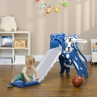 AIYAPLAY 3-in-1 kinderglijbaan met klimrek en basketbalring, cartoonontwerp voor kinderen van 18-36 maanden, blauw(m-2)