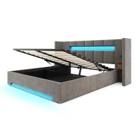 Struttura letto in velluto con striscia LED e comodini integrati, 225x212x103 cm, Grigio Scuro(m-7)