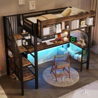 Cama alta 90x200 cm com secretária de canto, muito espaço de arrumação & placa perfurada, régua de tomadas integrada, 255x114x182 cm, Castanho+Preto(m-5)