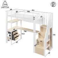 Letto a soppalco con ripiani portaoggetti e scala contenitore, 251x96x170 cm, Bianco(m-3)