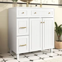 Mueble de baño independiente con lavabo de cerámica, patas de madera maciza de pino y tiradores metálicos, 81,7x46,8x90 cm, Blanco(m-2)