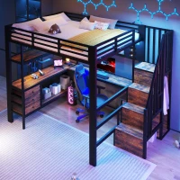 Cama alta 140 x 200 cm, prateleira integrada e 3 gavetas, sem colchão, 251x146x170 cm, Preto(m-6)