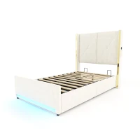 Cama em veludo com cabeceira estofada e matelassada, bolsos laterais, 100x213x141 cm, Bege(m-1)