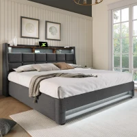 Cama estofada 140x200 cm com colchão, sistema de elevação a gás com arrumação, estrado de ripas metálicas e cabeceira estofada em linho, 210x145x117 cm, Cinzento(m-2)