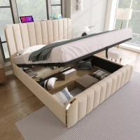 Letto matrimoniale imbottito con spazio contenitore e rivestiento effetto lino, 203x150x102 cm, Beige(m-6)