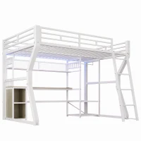 Cama alta 140x200 cm com secretária integrada, fita LED regulável e tomada integrada, 204x181,5x180 cm, Branco(m-8)